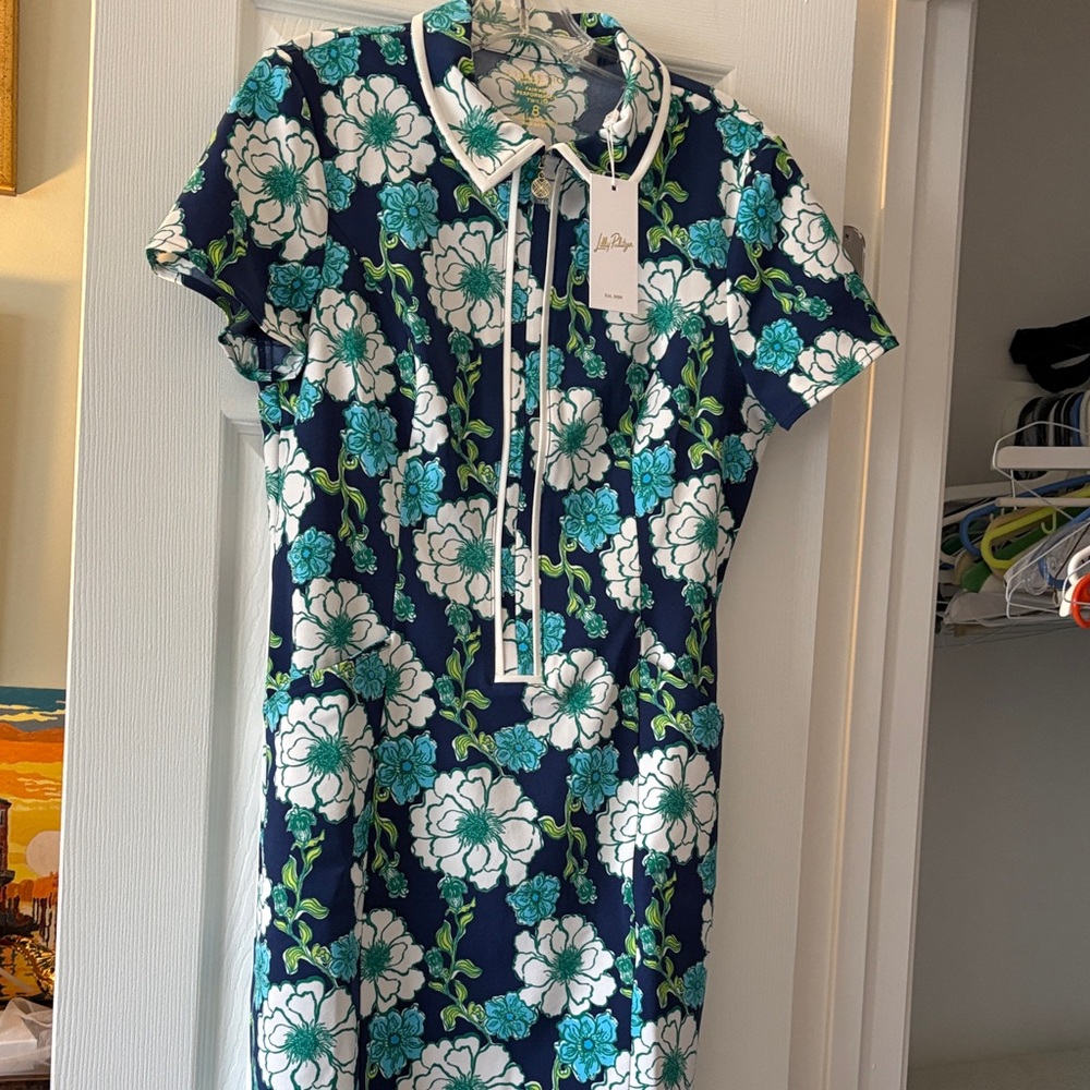 Lilly Pulitzer Floral Navy & Teal Short-Sleeve Dress with Contrast Trim